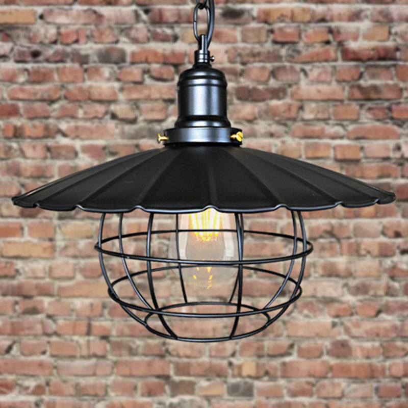 Black 1 Light Pendant Lighting Industrial Metal Scalloped Hanging Lamp for Indoor with Cage Black Clearhalo 'Art Deco Pendants' 'Black' 'Cast Iron' 'Ceiling Lights' 'Ceramic' 'Crystal' 'Industrial Pendants' 'Industrial' 'Metal' 'Middle Century Pendants' 'Pendant Lights' 'Pendants' 'Rustic Pendants' 'Tiffany' Lighting' 209625