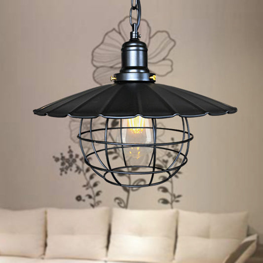 Black 1 Light Pendant Lighting Industrial Metal Scalloped Hanging Lamp for Indoor with Cage Clearhalo 'Art Deco Pendants' 'Black' 'Cast Iron' 'Ceiling Lights' 'Ceramic' 'Crystal' 'Industrial Pendants' 'Industrial' 'Metal' 'Middle Century Pendants' 'Pendant Lights' 'Pendants' 'Rustic Pendants' 'Tiffany' Lighting' 209626