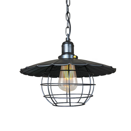 Black 1 Light Pendant Lighting Industrial Metal Scalloped Hanging Lamp for Indoor with Cage Clearhalo 'Art Deco Pendants' 'Black' 'Cast Iron' 'Ceiling Lights' 'Ceramic' 'Crystal' 'Industrial Pendants' 'Industrial' 'Metal' 'Middle Century Pendants' 'Pendant Lights' 'Pendants' 'Rustic Pendants' 'Tiffany' Lighting' 209627