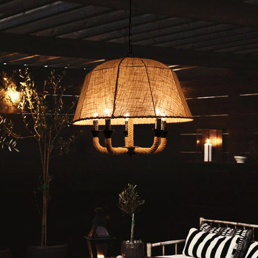 Beige Multi Light Chandelier Lighting Industrial Fabric Dome/Bell Shade Hanging Ceiling Light with Hemp Rope Beige Dome Clearhalo 'Ceiling Lights' 'Chandeliers' 'Industrial Chandeliers' 'Industrial' 'Middle Century Chandeliers' 'Tiffany' Lighting' 209629