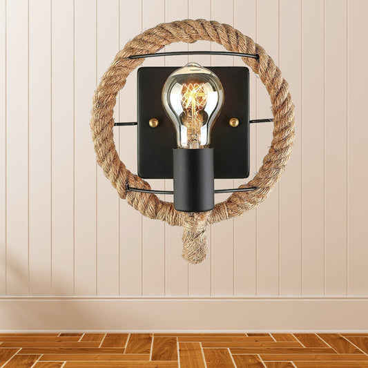 Beige One Light Sconce Light Industrial Rope Round/Oval Shade Wall Lighting Fixture for Dining Room Beige Round Clearhalo 'Industrial wall lights' 'Industrial' 'Middle century wall lights' 'Tiffany' 'Wall Lamps & Sconces' 'Wall Lights' Lighting' 209662
