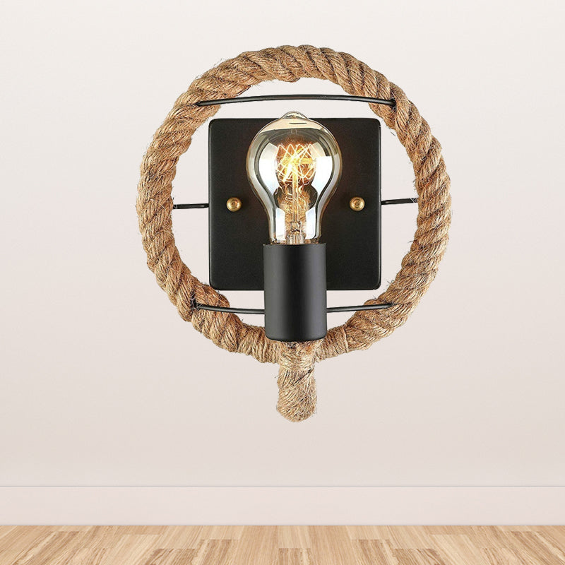 Beige One Light Sconce Light Industrial Rope Round/Oval Shade Wall Lighting Fixture for Dining Room Clearhalo 'Industrial wall lights' 'Industrial' 'Middle century wall lights' 'Tiffany' 'Wall Lamps & Sconces' 'Wall Lights' Lighting' 209663