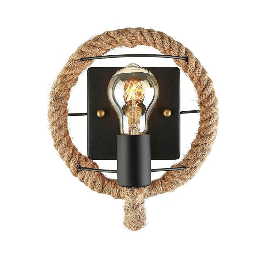 Beige One Light Sconce Light Industrial Rope Round/Oval Shade Wall Lighting Fixture for Dining Room Clearhalo 'Industrial wall lights' 'Industrial' 'Middle century wall lights' 'Tiffany' 'Wall Lamps & Sconces' 'Wall Lights' Lighting' 209664