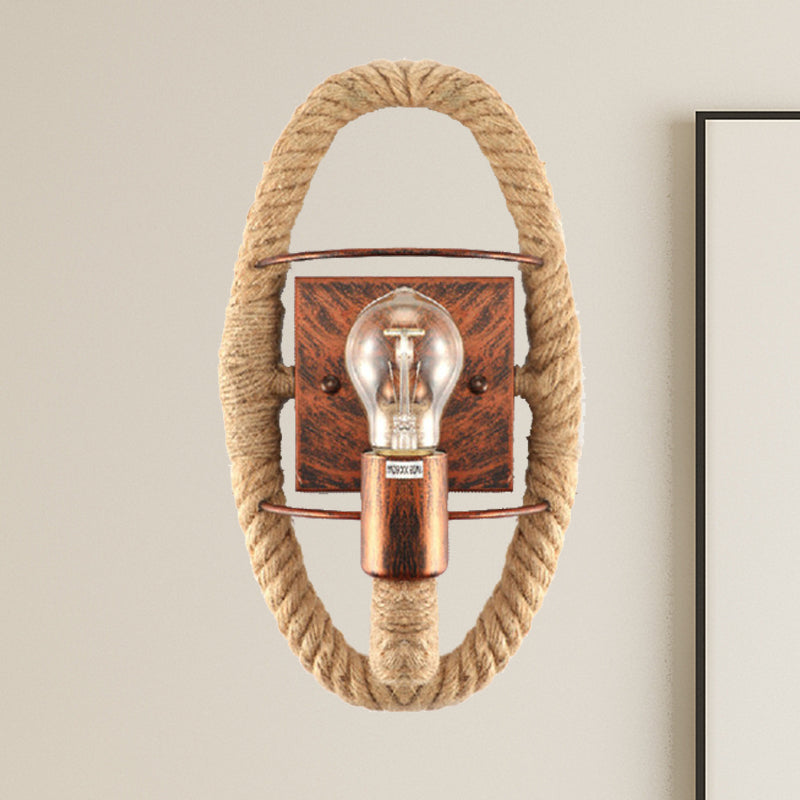 Beige One Light Sconce Light Industrial Rope Round/Oval Shade Wall Lighting Fixture for Dining Room Beige Oval Clearhalo 'Industrial wall lights' 'Industrial' 'Middle century wall lights' 'Tiffany' 'Wall Lamps & Sconces' 'Wall Lights' Lighting' 209666