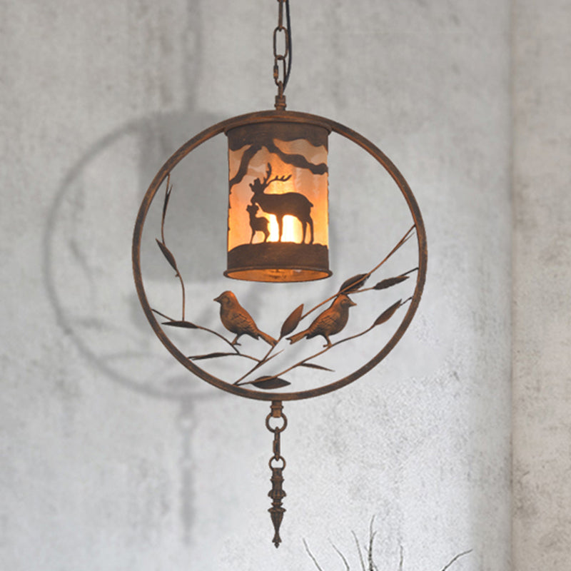 Rust Cylinder Wall Lighting Vintage Style Metal 1 Light Dining Room Sconce Lamp with Fabric and Bird Clearhalo 'Art Deco Pendants' 'Cast Iron' 'Ceiling Lights' 'Ceramic' 'Crystal' 'Industrial Pendants' 'Industrial' 'Metal' 'Middle Century Pendants' 'Pendant Lights' 'Pendants' 'Tiffany' Lighting' 209674