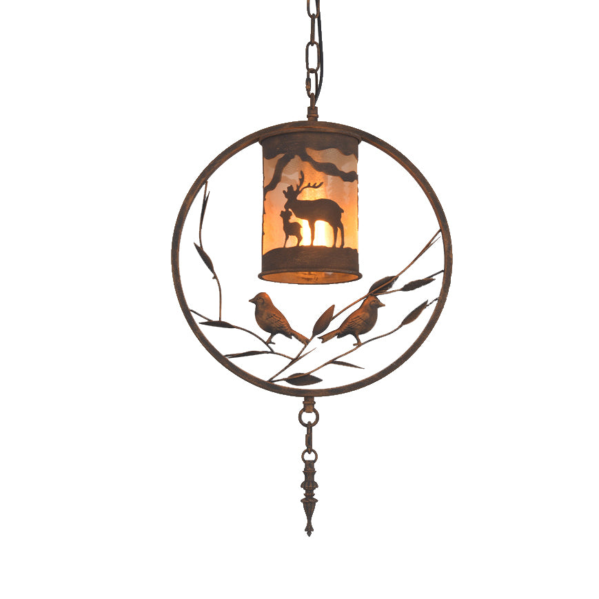 Rust Cylinder Wall Lighting Vintage Style Metal 1 Light Dining Room Sconce Lamp with Fabric and Bird Clearhalo 'Art Deco Pendants' 'Cast Iron' 'Ceiling Lights' 'Ceramic' 'Crystal' 'Industrial Pendants' 'Industrial' 'Metal' 'Middle Century Pendants' 'Pendant Lights' 'Pendants' 'Tiffany' Lighting' 209675