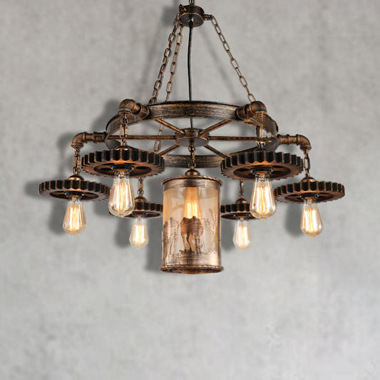 Metal Cylinder Hanging Chandelier Vintage 5/7 Light Dining Room Pendant Light in Bronze with Gear 7 Bronze Clearhalo 'Cast Iron' 'Ceiling Lights' 'Chandeliers' 'Industrial Chandeliers' 'Industrial' 'Metal' 'Middle Century Chandeliers' 'Rustic Chandeliers' 'Tiffany' Lighting' 209727