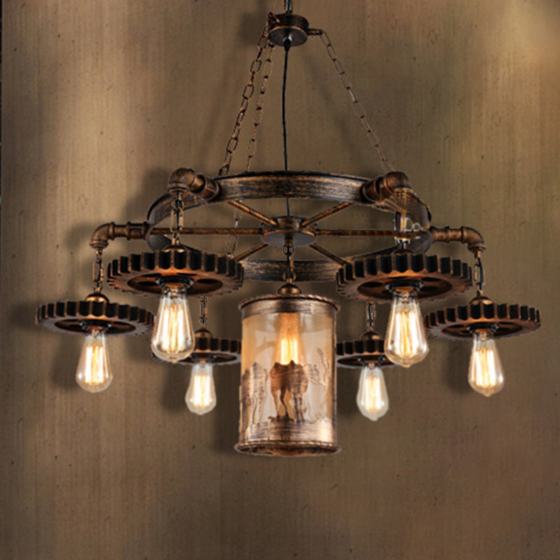 Metal Cylinder Hanging Chandelier Vintage 5/7 Light Dining Room Pendant Light in Bronze with Gear Clearhalo 'Cast Iron' 'Ceiling Lights' 'Chandeliers' 'Industrial Chandeliers' 'Industrial' 'Metal' 'Middle Century Chandeliers' 'Rustic Chandeliers' 'Tiffany' Lighting' 209728