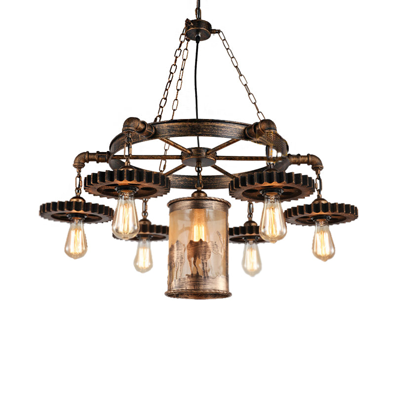 Metal Cylinder Hanging Chandelier Vintage 5/7 Light Dining Room Pendant Light in Bronze with Gear Clearhalo 'Cast Iron' 'Ceiling Lights' 'Chandeliers' 'Industrial Chandeliers' 'Industrial' 'Metal' 'Middle Century Chandeliers' 'Rustic Chandeliers' 'Tiffany' Lighting' 209729