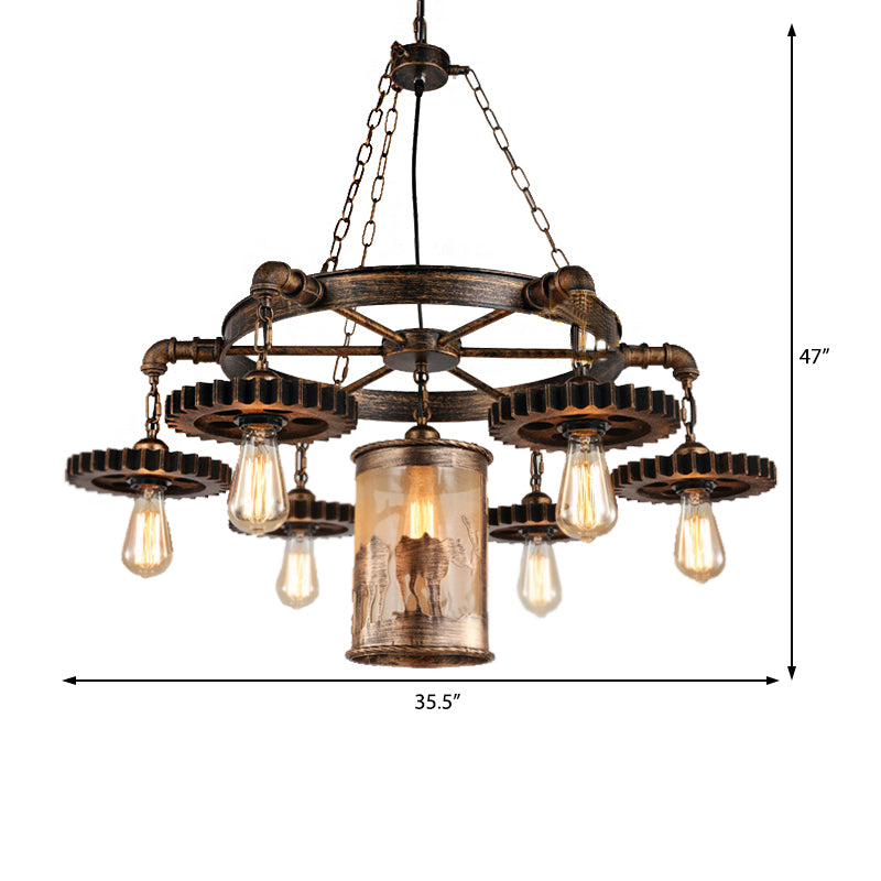 Metal Cylinder Hanging Chandelier Vintage 5/7 Light Dining Room Pendant Light in Bronze with Gear Clearhalo 'Cast Iron' 'Ceiling Lights' 'Chandeliers' 'Industrial Chandeliers' 'Industrial' 'Metal' 'Middle Century Chandeliers' 'Rustic Chandeliers' 'Tiffany' Lighting' 209730