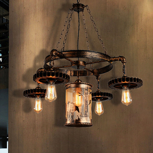Metal Cylinder Hanging Chandelier Vintage 5/7 Light Dining Room Pendant Light in Bronze with Gear 5 Bronze Clearhalo 'Cast Iron' 'Ceiling Lights' 'Chandeliers' 'Industrial Chandeliers' 'Industrial' 'Metal' 'Middle Century Chandeliers' 'Rustic Chandeliers' 'Tiffany' Lighting' 209731