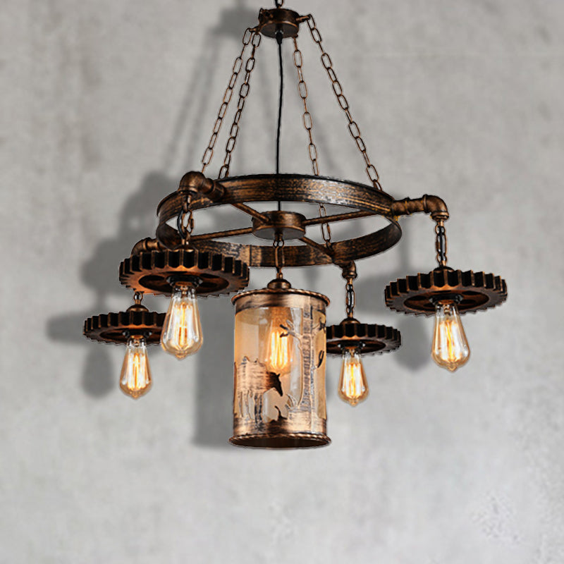 Metal Cylinder Hanging Chandelier Vintage 5/7 Light Dining Room Pendant Light in Bronze with Gear Clearhalo 'Cast Iron' 'Ceiling Lights' 'Chandeliers' 'Industrial Chandeliers' 'Industrial' 'Metal' 'Middle Century Chandeliers' 'Rustic Chandeliers' 'Tiffany' Lighting' 209732