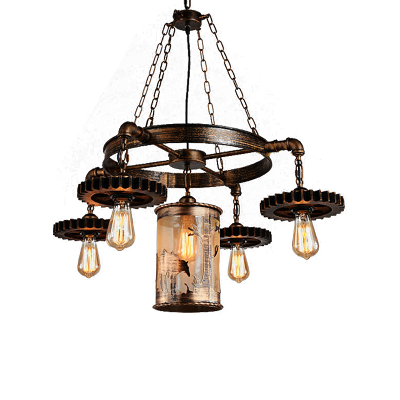 Metal Cylinder Hanging Chandelier Vintage 5/7 Light Dining Room Pendant Light in Bronze with Gear Clearhalo 'Cast Iron' 'Ceiling Lights' 'Chandeliers' 'Industrial Chandeliers' 'Industrial' 'Metal' 'Middle Century Chandeliers' 'Rustic Chandeliers' 'Tiffany' Lighting' 209733