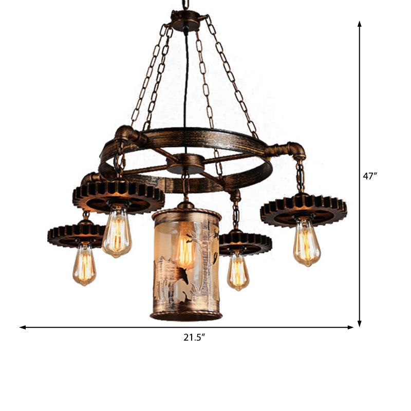 Metal Cylinder Hanging Chandelier Vintage 5/7 Light Dining Room Pendant Light in Bronze with Gear Clearhalo 'Cast Iron' 'Ceiling Lights' 'Chandeliers' 'Industrial Chandeliers' 'Industrial' 'Metal' 'Middle Century Chandeliers' 'Rustic Chandeliers' 'Tiffany' Lighting' 209734