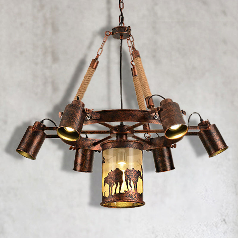 Cylinder Metal Chandelier Light Vintage 4/7 Light Dining Room Pendant Lighting in Weathered Copper Clearhalo 'Cast Iron' 'Ceiling Lights' 'Chandeliers' 'Industrial Chandeliers' 'Industrial' 'Metal' 'Middle Century Chandeliers' 'Rustic Chandeliers' 'Tiffany' Lighting' 209756