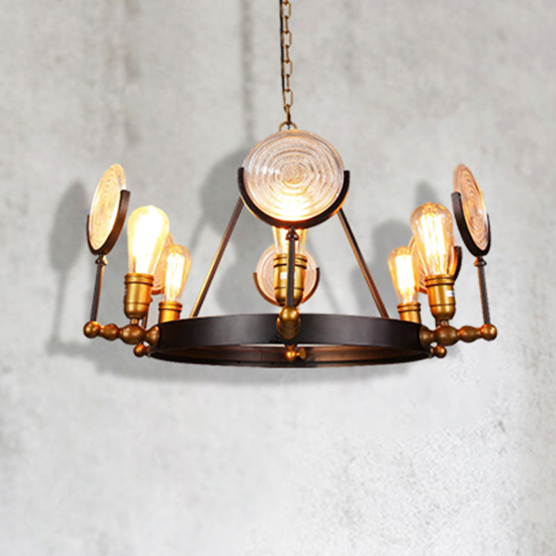 Round Clear Textured Glass Chandelier Lighting Industrial 6/8 Light Dining Room Pendant Lighting in Brass Clearhalo 'Cast Iron' 'Ceiling Lights' 'Chandeliers' 'Industrial Chandeliers' 'Industrial' 'Metal' 'Middle Century Chandeliers' 'Rustic Chandeliers' 'Tiffany' Lighting' 209769