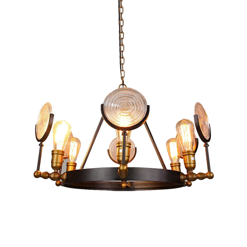 Round Clear Textured Glass Chandelier Lighting Industrial 6/8 Light Dining Room Pendant Lighting in Brass Clearhalo 'Cast Iron' 'Ceiling Lights' 'Chandeliers' 'Industrial Chandeliers' 'Industrial' 'Metal' 'Middle Century Chandeliers' 'Rustic Chandeliers' 'Tiffany' Lighting' 209770