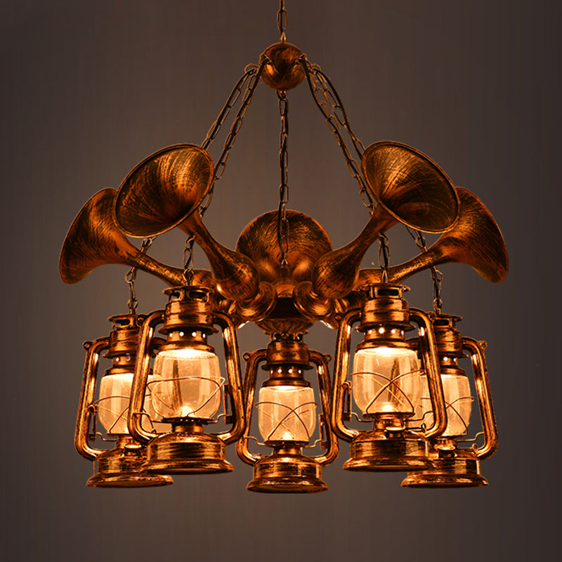 Lantern Shade Ceiling Lamp 3/5 Bulb Clear Glass Coastal Dining Room Chandelier Pendant Light in Antique Brass Clearhalo 'Cast Iron' 'Ceiling Lights' 'Chandeliers' 'Industrial Chandeliers' 'Industrial' 'Metal' 'Middle Century Chandeliers' 'Rustic Chandeliers' 'Tiffany' Lighting' 209790