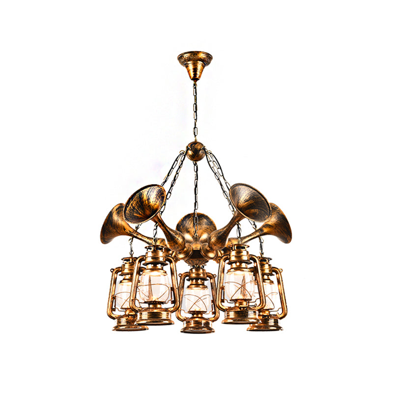 Lantern Shade Ceiling Lamp 3/5 Bulb Clear Glass Coastal Dining Room Chandelier Pendant Light in Antique Brass Clearhalo 'Cast Iron' 'Ceiling Lights' 'Chandeliers' 'Industrial Chandeliers' 'Industrial' 'Metal' 'Middle Century Chandeliers' 'Rustic Chandeliers' 'Tiffany' Lighting' 209791