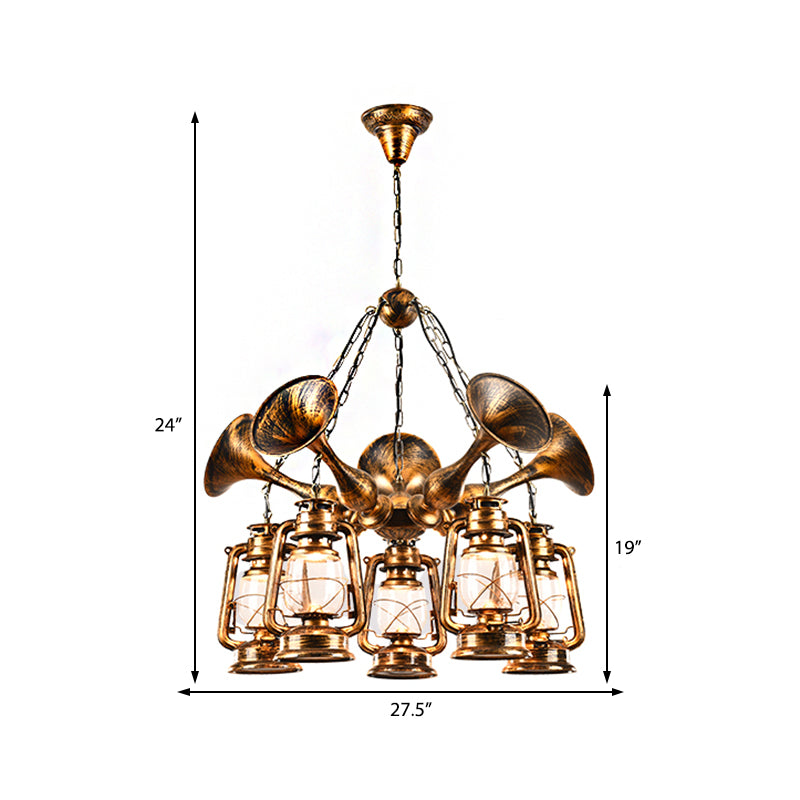 Lantern Shade Ceiling Lamp 3/5 Bulb Clear Glass Coastal Dining Room Chandelier Pendant Light in Antique Brass Clearhalo 'Cast Iron' 'Ceiling Lights' 'Chandeliers' 'Industrial Chandeliers' 'Industrial' 'Metal' 'Middle Century Chandeliers' 'Rustic Chandeliers' 'Tiffany' Lighting' 209792