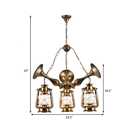 Lantern Shade Ceiling Lamp 3/5 Bulb Clear Glass Coastal Dining Room Chandelier Pendant Light in Antique Brass Clearhalo 'Cast Iron' 'Ceiling Lights' 'Chandeliers' 'Industrial Chandeliers' 'Industrial' 'Metal' 'Middle Century Chandeliers' 'Rustic Chandeliers' 'Tiffany' Lighting' 209796