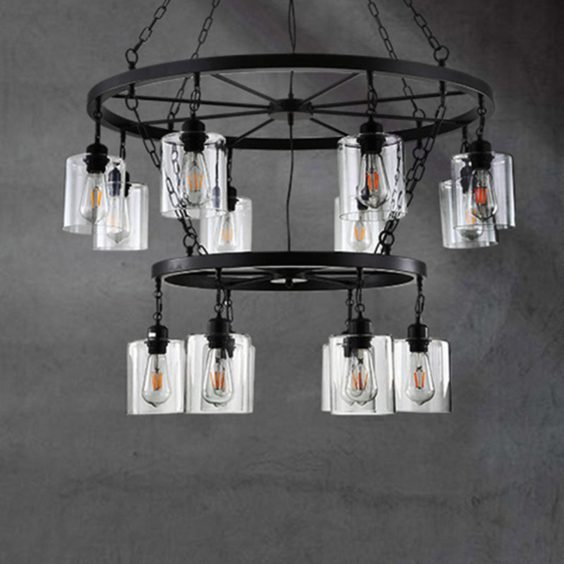 Cylinder Dining Room Ceiling Chandelier Industrial Clear Glass 6/14 Light Black Hanging Fixture with Chain 14 Black Clearhalo 'Ceiling Lights' 'Chandeliers' 'Glass shade' 'Glass' 'Industrial Chandeliers' 'Industrial' 'Middle Century Chandeliers' 'Tiffany' Lighting' 209824