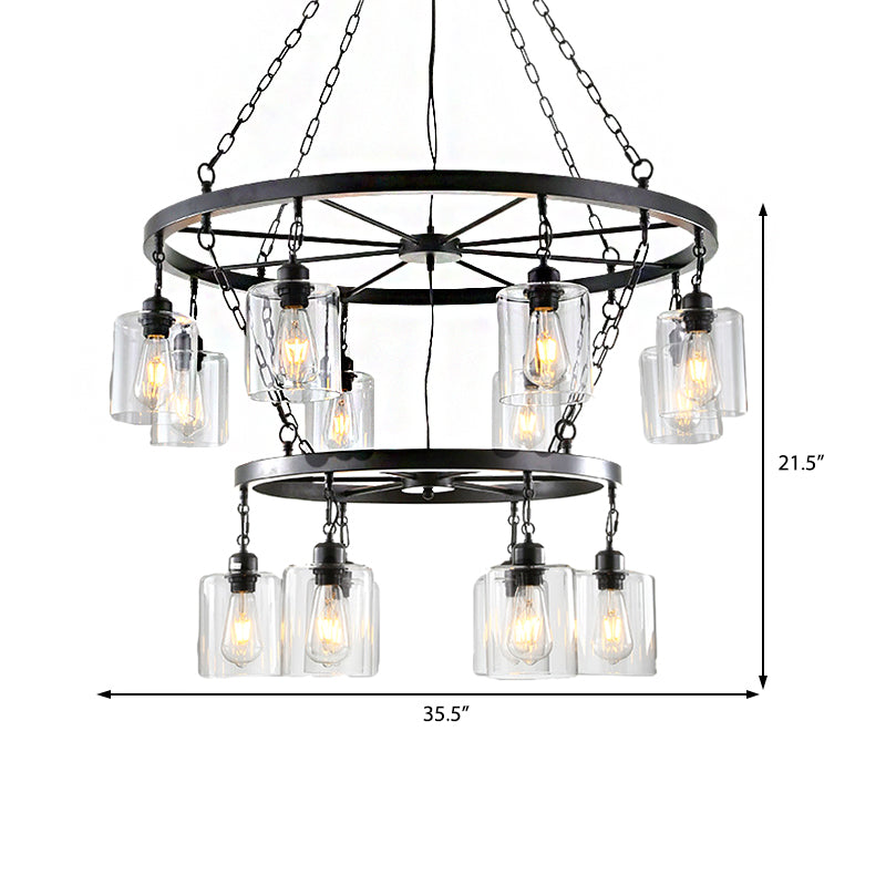 Cylinder Dining Room Ceiling Chandelier Industrial Clear Glass 6/14 Light Black Hanging Fixture with Chain Clearhalo 'Ceiling Lights' 'Chandeliers' 'Glass shade' 'Glass' 'Industrial Chandeliers' 'Industrial' 'Middle Century Chandeliers' 'Tiffany' Lighting' 209827