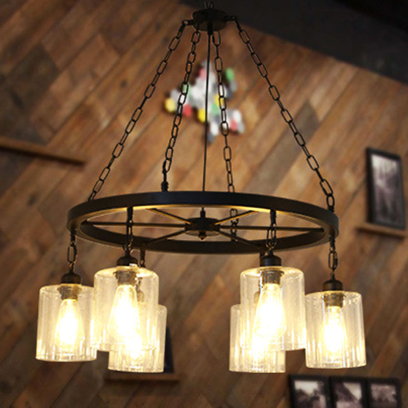 Cylinder Dining Room Ceiling Chandelier Industrial Clear Glass 6/14 Light Black Hanging Fixture with Chain Clearhalo 'Ceiling Lights' 'Chandeliers' 'Glass shade' 'Glass' 'Industrial Chandeliers' 'Industrial' 'Middle Century Chandeliers' 'Tiffany' Lighting' 209830