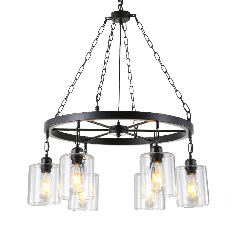 Cylinder Dining Room Ceiling Chandelier Industrial Clear Glass 6/14 Light Black Hanging Fixture with Chain Clearhalo 'Ceiling Lights' 'Chandeliers' 'Glass shade' 'Glass' 'Industrial Chandeliers' 'Industrial' 'Middle Century Chandeliers' 'Tiffany' Lighting' 209831