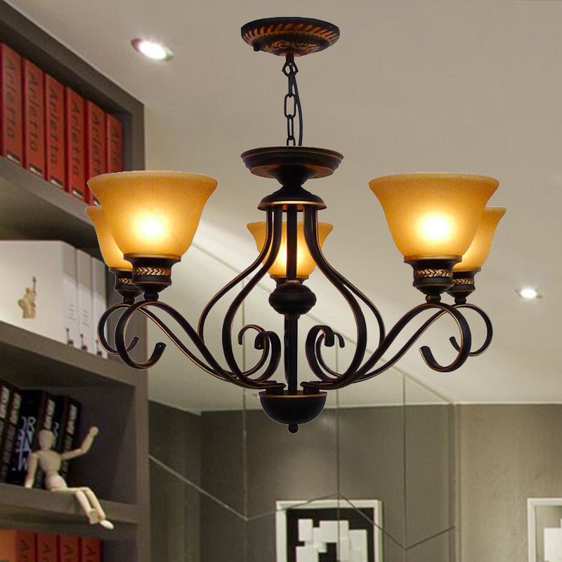5 Lights Beige Frosted Glass Hanging Chandelier Traditional Black Bell Corridor Pendant Light Fixture Clearhalo 'Ceiling Lights' 'Chandeliers' Lighting' options 209840