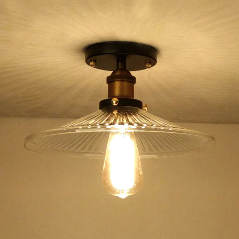 Cone Ribbed Glass Semi Mount Lighting Industrial 1 Bulb Living Room Ceiling Light in Black/Brass/Copper Clearhalo 'Ceiling Lights' 'Close To Ceiling Lights' 'Close to ceiling' 'Flush mount' 'Industrial Flush Mount' Lighting' 209867