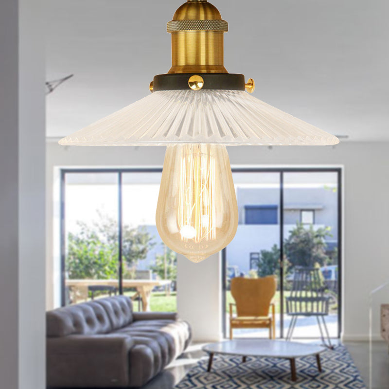 Cone Ribbed Glass Semi Mount Lighting Industrial 1 Bulb Living Room Ceiling Light in Black/Brass/Copper Satin Brass Clearhalo 'Ceiling Lights' 'Close To Ceiling Lights' 'Close to ceiling' 'Flush mount' 'Industrial Flush Mount' Lighting' 209868