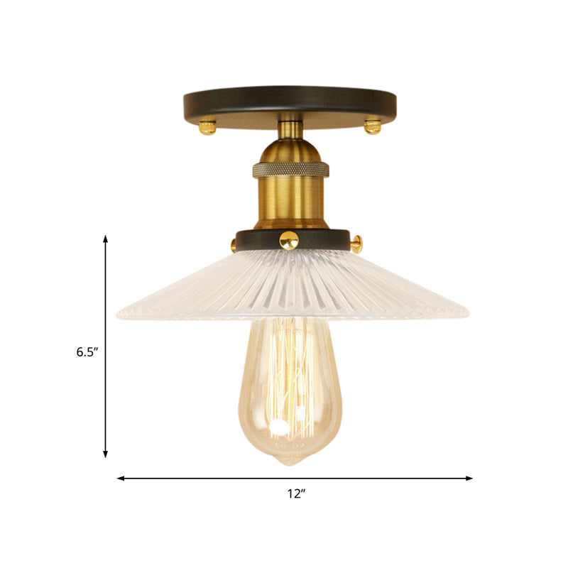 Cone Ribbed Glass Semi Mount Lighting Industrial 1 Bulb Living Room Ceiling Light in Black/Brass/Copper Clearhalo 'Ceiling Lights' 'Close To Ceiling Lights' 'Close to ceiling' 'Flush mount' 'Industrial Flush Mount' Lighting' 209870