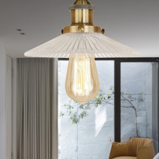 Cone Ribbed Glass Semi Mount Lighting Industrial 1 Bulb Living Room Ceiling Light in Black/Brass/Copper Clearhalo 'Ceiling Lights' 'Close To Ceiling Lights' 'Close to ceiling' 'Flush mount' 'Industrial Flush Mount' Lighting' 209872