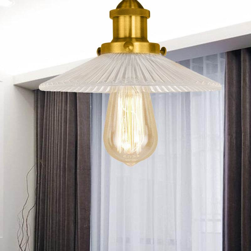 Cone Ribbed Glass Semi Mount Lighting Industrial 1 Bulb Living Room Ceiling Light in Black/Brass/Copper Brass Clearhalo 'Ceiling Lights' 'Close To Ceiling Lights' 'Close to ceiling' 'Flush mount' 'Industrial Flush Mount' Lighting' 209873