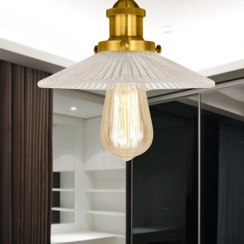 Cone Ribbed Glass Semi Mount Lighting Industrial 1 Bulb Living Room Ceiling Light in Black/Brass/Copper Clearhalo 'Ceiling Lights' 'Close To Ceiling Lights' 'Close to ceiling' 'Flush mount' 'Industrial Flush Mount' Lighting' 209874