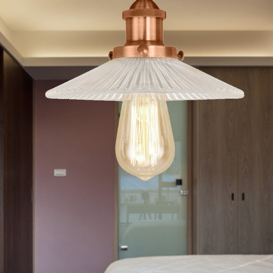 Cone Ribbed Glass Semi Mount Lighting Industrial 1 Bulb Living Room Ceiling Light in Black/Brass/Copper Copper Clearhalo 'Ceiling Lights' 'Close To Ceiling Lights' 'Close to ceiling' 'Flush mount' 'Industrial Flush Mount' Lighting' 209875