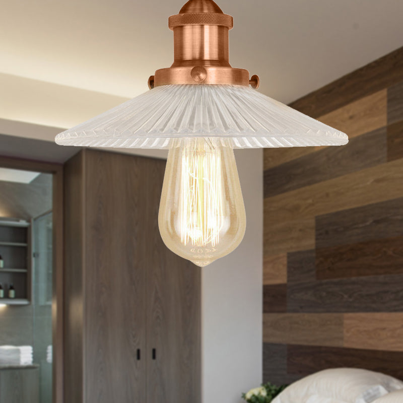 Cone Ribbed Glass Semi Mount Lighting Industrial 1 Bulb Living Room Ceiling Light in Black/Brass/Copper Clearhalo 'Ceiling Lights' 'Close To Ceiling Lights' 'Close to ceiling' 'Flush mount' 'Industrial Flush Mount' Lighting' 209876