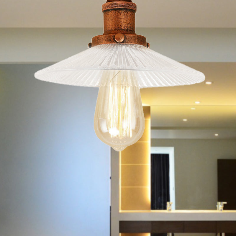 Cone Ribbed Glass Semi Mount Lighting Industrial 1 Bulb Living Room Ceiling Light in Black/Brass/Copper Rust Clearhalo 'Ceiling Lights' 'Close To Ceiling Lights' 'Close to ceiling' 'Flush mount' 'Industrial Flush Mount' Lighting' 209879