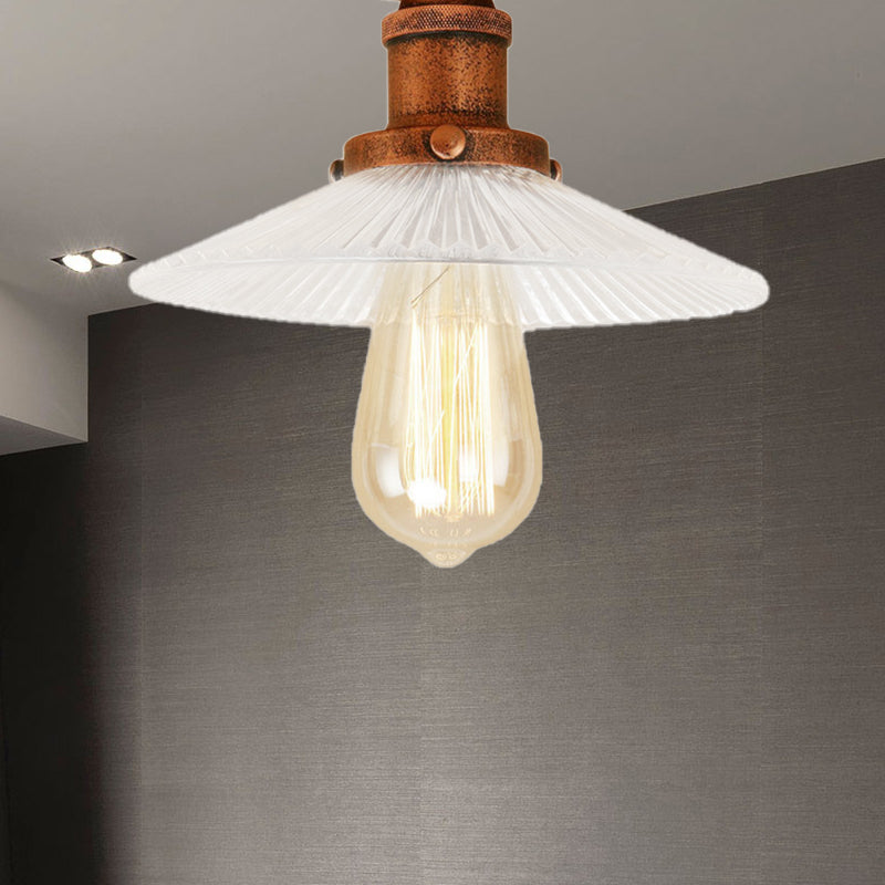Cone Ribbed Glass Semi Mount Lighting Industrial 1 Bulb Living Room Ceiling Light in Black/Brass/Copper Clearhalo 'Ceiling Lights' 'Close To Ceiling Lights' 'Close to ceiling' 'Flush mount' 'Industrial Flush Mount' Lighting' 209880
