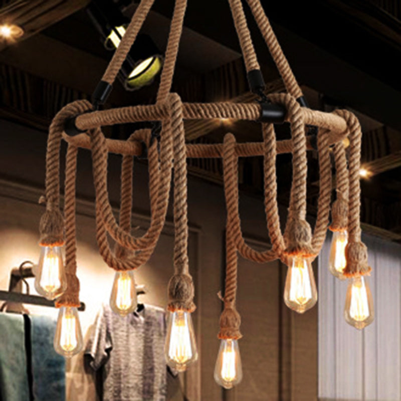 Exposed Bulb Chandelier Light Industrial 6/8 Light Beige Rope Hanging Ceiling Fixture for Dining Room 8 Beige Clearhalo 'Ceiling Lights' 'Chandeliers' 'Industrial Chandeliers' 'Industrial' 'Middle Century Chandeliers' 'Tiffany' Lighting' 209885