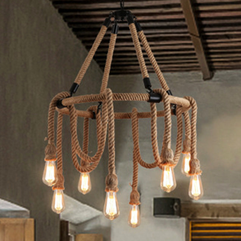 Exposed Bulb Chandelier Light Industrial 6/8 Light Beige Rope Hanging Ceiling Fixture for Dining Room Clearhalo 'Ceiling Lights' 'Chandeliers' 'Industrial Chandeliers' 'Industrial' 'Middle Century Chandeliers' 'Tiffany' Lighting' 209886