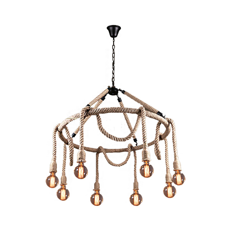 Exposed Bulb Chandelier Light Industrial 6/8 Light Beige Rope Hanging Ceiling Fixture for Dining Room Clearhalo 'Ceiling Lights' 'Chandeliers' 'Industrial Chandeliers' 'Industrial' 'Middle Century Chandeliers' 'Tiffany' Lighting' 209887