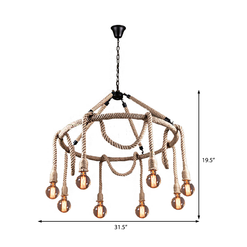 Exposed Bulb Chandelier Light Industrial 6/8 Light Beige Rope Hanging Ceiling Fixture for Dining Room Clearhalo 'Ceiling Lights' 'Chandeliers' 'Industrial Chandeliers' 'Industrial' 'Middle Century Chandeliers' 'Tiffany' Lighting' 209888