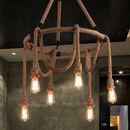 Exposed Bulb Chandelier Light Industrial 6/8 Light Beige Rope Hanging Ceiling Fixture for Dining Room 6 Beige Clearhalo 'Ceiling Lights' 'Chandeliers' 'Industrial Chandeliers' 'Industrial' 'Middle Century Chandeliers' 'Tiffany' Lighting' 209889