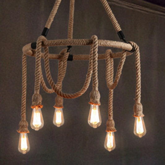 Exposed Bulb Chandelier Light Industrial 6/8 Light Beige Rope Hanging Ceiling Fixture for Dining Room Clearhalo 'Ceiling Lights' 'Chandeliers' 'Industrial Chandeliers' 'Industrial' 'Middle Century Chandeliers' 'Tiffany' Lighting' 209890
