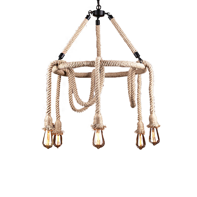Exposed Bulb Chandelier Light Industrial 6/8 Light Beige Rope Hanging Ceiling Fixture for Dining Room Clearhalo 'Ceiling Lights' 'Chandeliers' 'Industrial Chandeliers' 'Industrial' 'Middle Century Chandeliers' 'Tiffany' Lighting' 209891