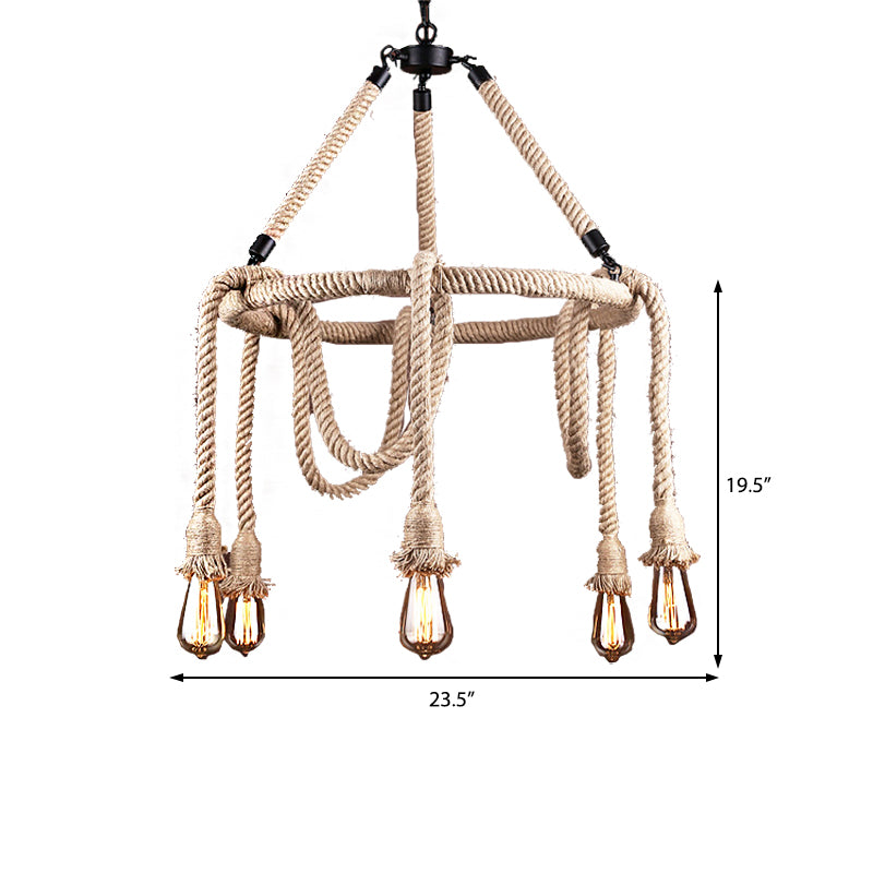 Exposed Bulb Chandelier Light Industrial 6/8 Light Beige Rope Hanging Ceiling Fixture for Dining Room Clearhalo 'Ceiling Lights' 'Chandeliers' 'Industrial Chandeliers' 'Industrial' 'Middle Century Chandeliers' 'Tiffany' Lighting' 209892