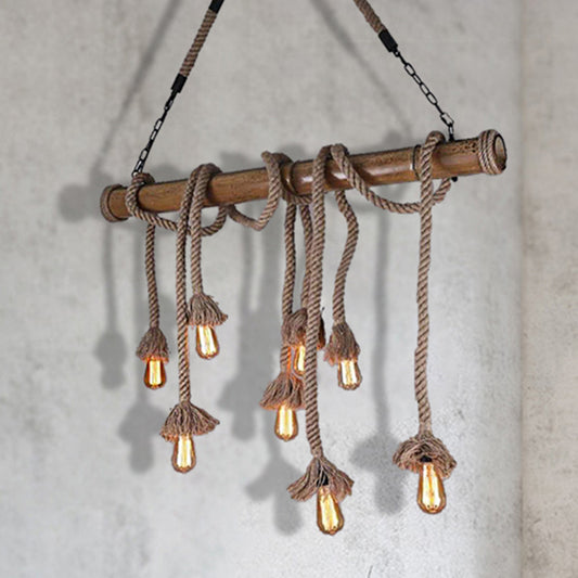 Rope Exposed Bulb Island Pendant Light Industrial 4/8 Light Dining Room Hanging Lamp in Beige 8 Beige Clearhalo 'Ceiling Lights' 'Island Lights' Lighting' 209912