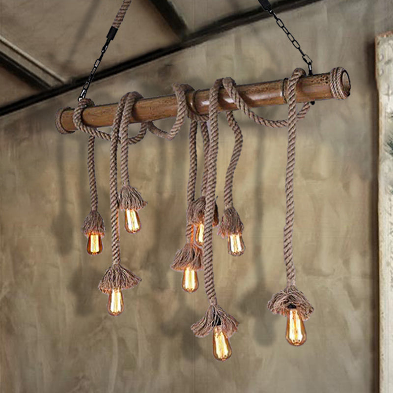 Rope Exposed Bulb Island Pendant Light Industrial 4/8 Light Dining Room Hanging Lamp in Beige Clearhalo 'Ceiling Lights' 'Island Lights' Lighting' 209913